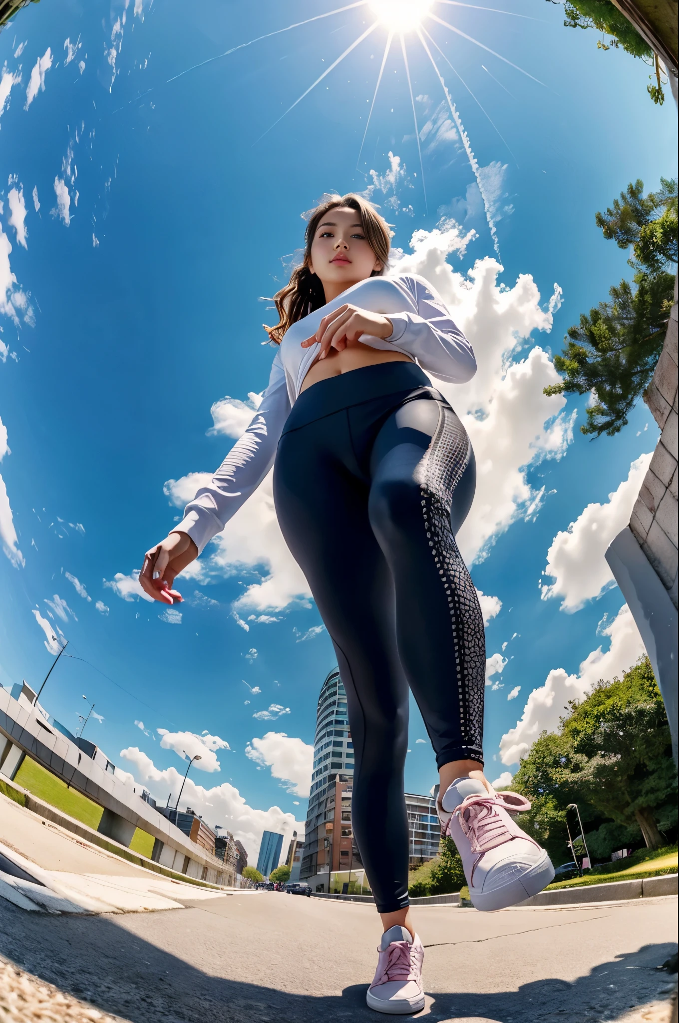 (Ultra-high definition images、Full live-action version、 top quality 、 Photorealistic 、 Highest Masterpieces、 Draw realistically accurately with detailed details)、( draw one of the cutest and sexiest beautiful girls 、 white clouds on a clear sky with the sun shining 、Beautiful City、 walking 、Dark gray leggings 、Yoga pants、 pink and white sneakers)、( take a picture of the girl's whole body from the ground 、 above him、 fisheye lens、 draw the back of the sneakers realistically and accurately )、( Draw a beautiful face looked up from below realistically and accurately、 fisheye lens
