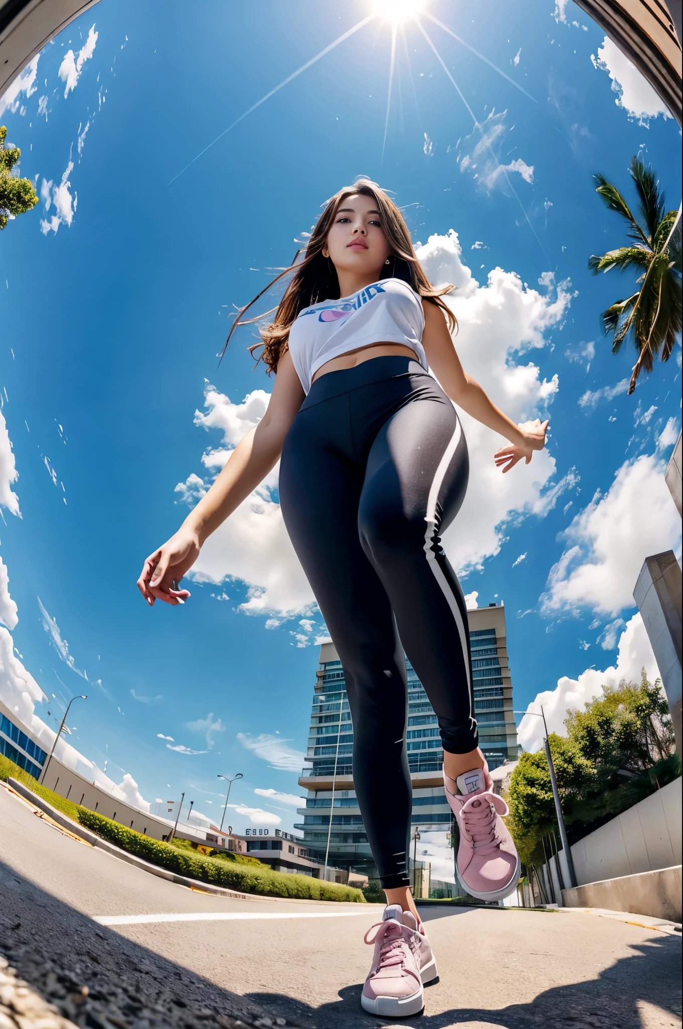 (Ultra-high definition images、Full live-action version、 top quality 、 Photorealistic 、 Highest Masterpieces、 Draw realistically accurately with detailed details)、( draw one of the cutest and sexiest beautiful girls 、 white clouds on a clear sky with the sun shining 、Beautiful City、 walking 、Dark gray leggings 、Yoga pants、 pink and white sneakers)、( take a picture of the girl's whole body from the ground 、 above him、 fisheye lens、 draw the back of the sneakers realistically and accurately )、( Draw a beautiful face looked up from below realistically and accurately、 fisheye lens