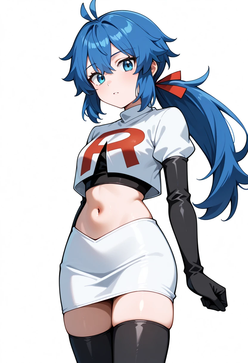 masterpiece, best quality, white background, looking the viewer, 
 1girl, blue hair, blue eyes, hair ribbon, ahoge, long hair, ponytail,  hair between eyes, red ribbon, navel, team rocket,team rocket uniform,white skirt,red letter R,crop top,black thigh-highs,black elbow gloves, cowboy_shot