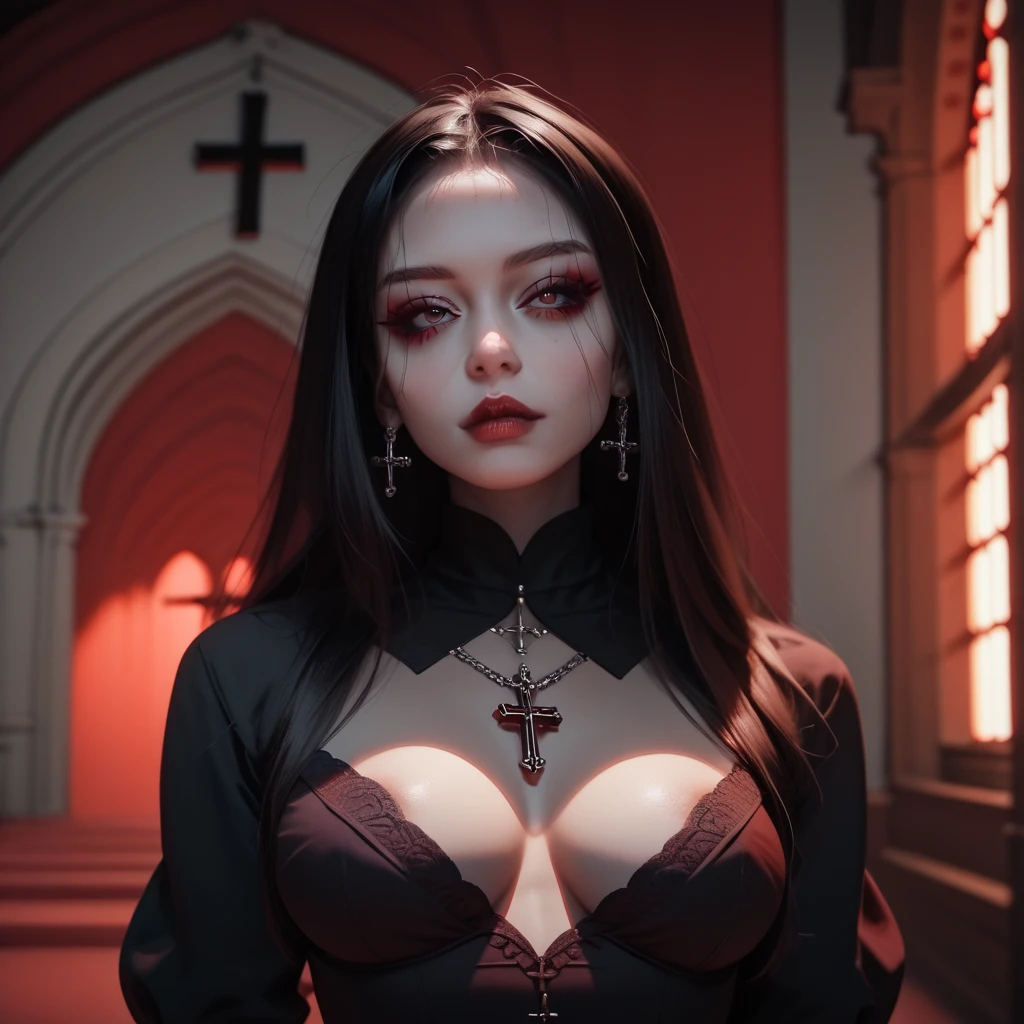 sexy look on her face,, seductive look,,oth girl, wide hips, small waist, big bust, full body, clevage,, nsfw,, exposed breast,, dark goth church setting ,, red stainglass windows
