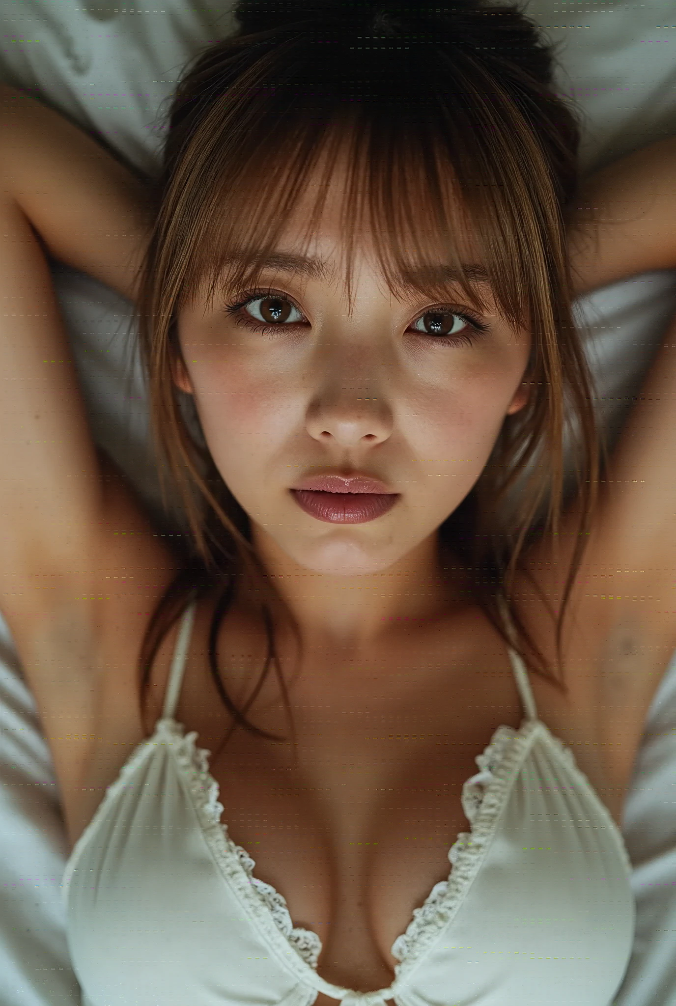 (She has half-open eyes and 、 Looking At Us ),(Round face woman),(naked),, raises arms,( viewers because it's Shiragane in the middle of winter),
( the cowboy shot:1.3),Front View,(Background of white duvet on bed)
( straight light brown hair slightly longer than shoulders),
Face that orgasms out of sexual fulfillment ,
Squint your eyes, expression she wants to lick your dick,Skin that shines with sweat
BREAK
pictures、
Actual product、
