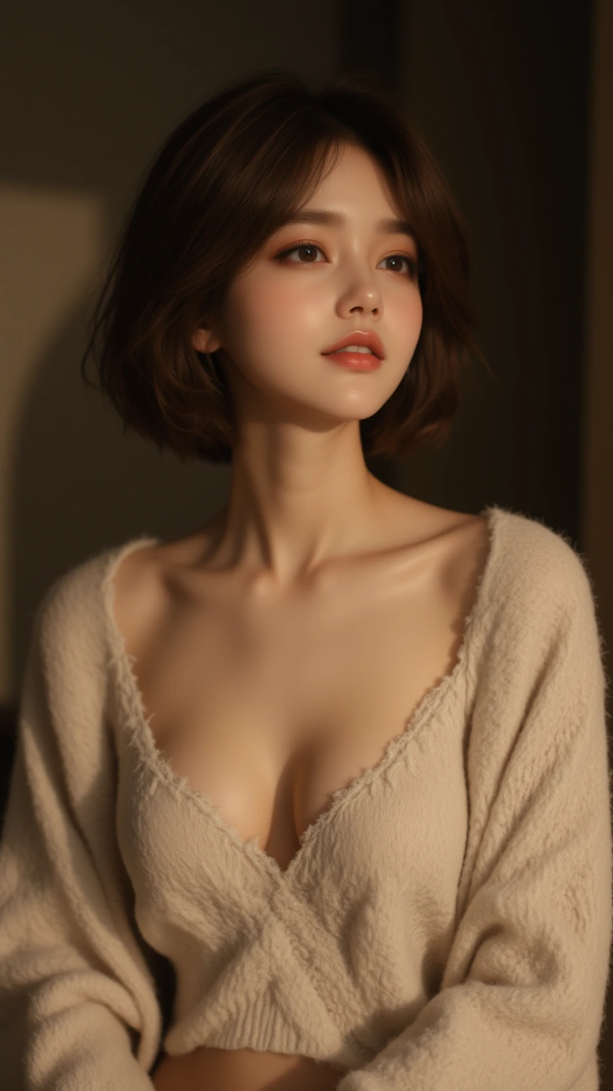 ((Best quality, 8k, Masterpiece: 1.3)), Contour: 1.2, Perfect body beauty: 1.4, Butt: 1.2, ((Layered haircut, Round chest: 1.5) ), (hotel bed: 1.3), big breasts, highly detailed face and skin texture, Beautiful eyes, Double eyelids, White skin, Long hair ,Ultra HD,8K, Moonlight night、one room、The view of the city can be seen from the window、high key lighting、studio lighting、face lamp、(Viewed from the front)、photon mapping、radio city、(Full body female love)、(Completely naked)、dark brown hair、Detailed faces、Detailed lips、Detailed eyeore skins、double eyelids、(huge :1.4)、(off shoulder sweater)、(No)、(No)、A necklace、(camel toe)、Perfect body、shiny skin、(stand)、((off shoulder sweater lift:1.5))、silly face、Make eye contact with the camera,see through clothes