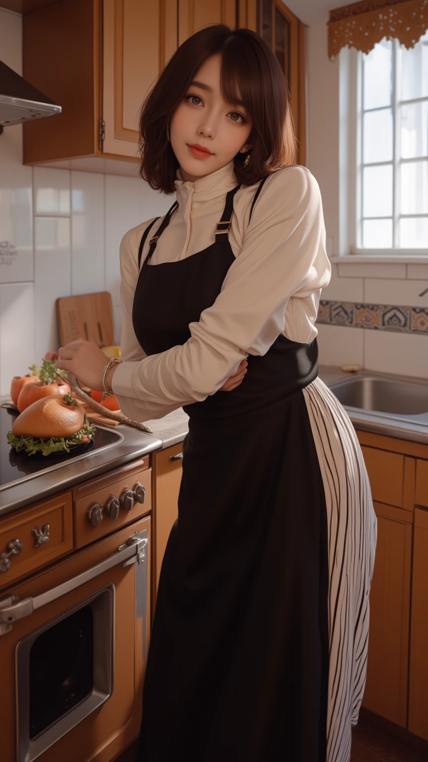 ((realistic)), (masterpiece, best quality),hot (), woman standing in kitchen, Korean style long skirt autum dress vertical stripes,wide ,wearing black apron, large ,saggy , (shoulder cut hair, cute bangs, bangs), long skirt, smiling, facing viewer, earrings, cupboard, stove, window, blue eyes,
