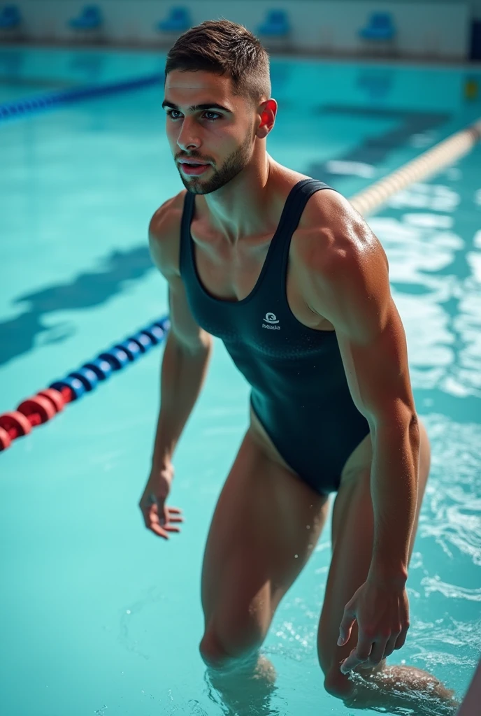 male swimmer in blue swim trunks standing on a diving platform, perfectbody, diego fernandez, tall faces, athletic and beautiful, olympic diving springboard, Alex Kanevsky, perfectbody e proporcional, wearing no shirt, daniel dociu, mid shot of a handsome guy, [ clearly defined abdomen ]!!, Ilya Ozornin. Bulge.