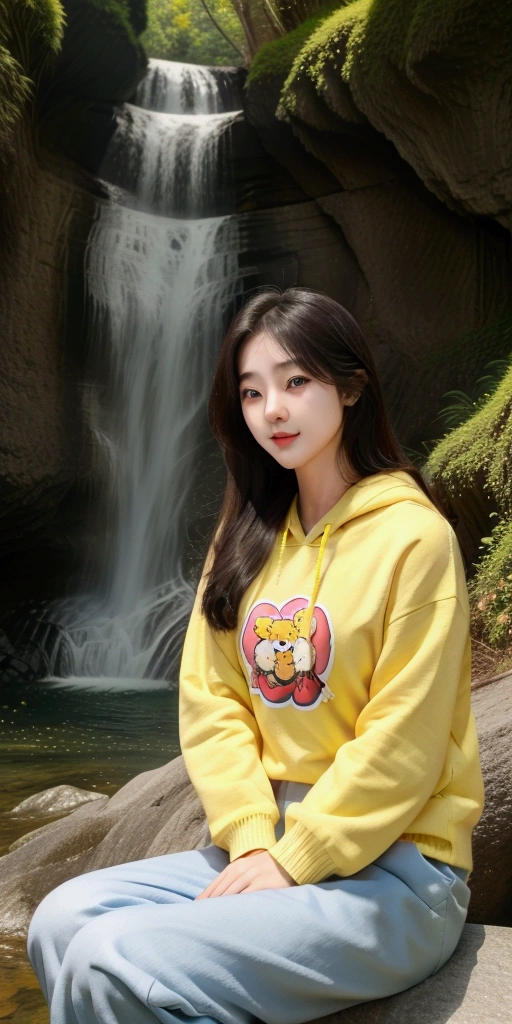 Beautiful Korean girl with smooth white skin, well-groomed face, thin smile, yellow and red knitted hoodie decorated with big tiger motif, long hair loose, trousers with many pockets on the left and right, sitting on a rock in front of a waterfall, there are small flowers in it. grow beautifully, facing the camera, the background of the mountains, the left and right cliffs are covered with green moss and blooming flowers. beautiful real photo, realistic