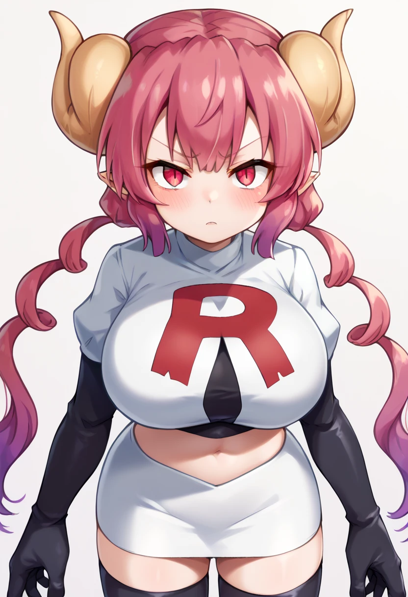 score_9, score_8_up, score_7_up, BREAK,  iluluSDXL, 1girl, solo, long hair, looking at viewer, blush, shirt, red eyes, twintails, pink hair, purple hair, red hair, horns, pointy ears, huge breasts, slit pupils, dragon horns, dragon girl, team rocket,team rocket uniform,white skirt,red letter R,crop top,black thigh-highs,black elbow gloves, cowboy_shot