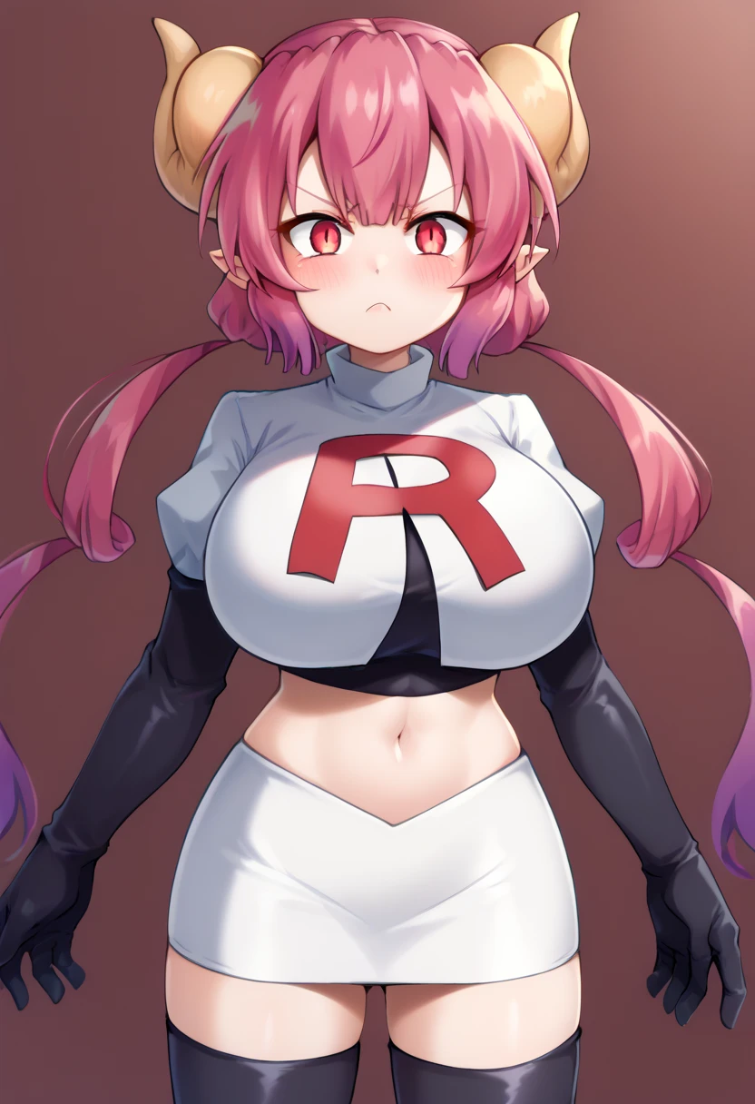 score_9, score_8_up, score_7_up, BREAK,  iluluSDXL, 1girl, solo, long hair, looking at viewer, blush, shirt, red eyes, twintails, pink hair, purple hair, red hair, horns, pointy ears, huge breasts, slit pupils, dragon horns, dragon girl, team rocket,team rocket uniform,white skirt,red letter R,crop top,black thigh-highs,black elbow gloves, cowboy_shot