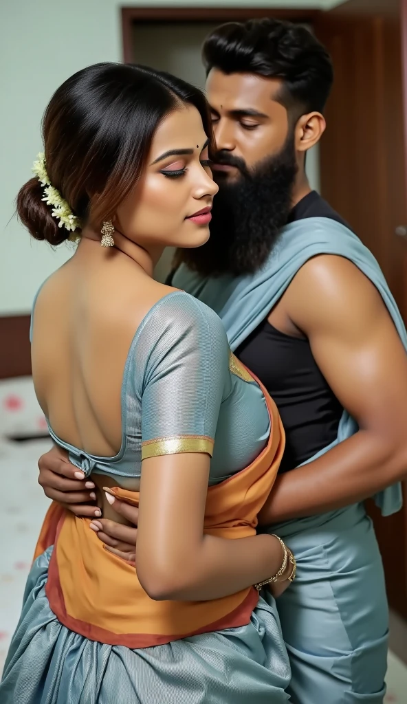 1 muscular , handsome and attractive Indian Hindu gujrati bearded man with no shirt with sexy Pakistani Punjabi Muslim married woman (milf with big and bubble butt) wearing full metallic saree. Both are hugging pose. In office. Hyper realistic image detail image. woman standing on left of the man with her navel visible and the man has grabbed the woman by waist and about to mate with her