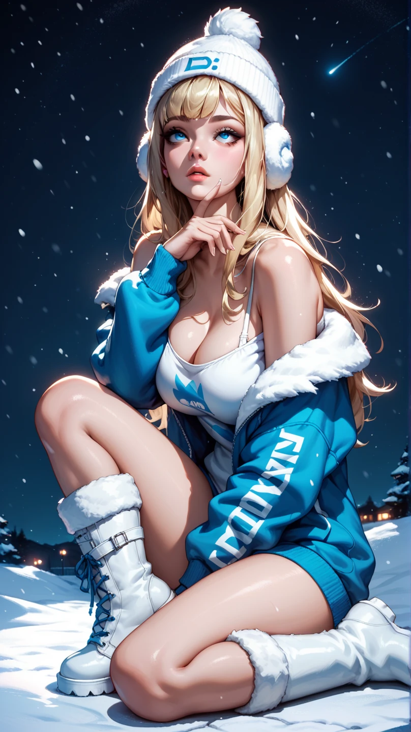 gorgeous blonde girl with long hair, snowboarding down an alpine ski slope, wearing white beanie and scarf, (wearing blue bikini top), wearing blue snow trousers, beautiful detailed glow, detailed, Cinematic light, intricate detail, highres, detailed facial features, high detail, sharp focus, smooth, aesthetic, extremely detailed, stamp, octane render, action shot, winter, fullbody shot, riding snowboard