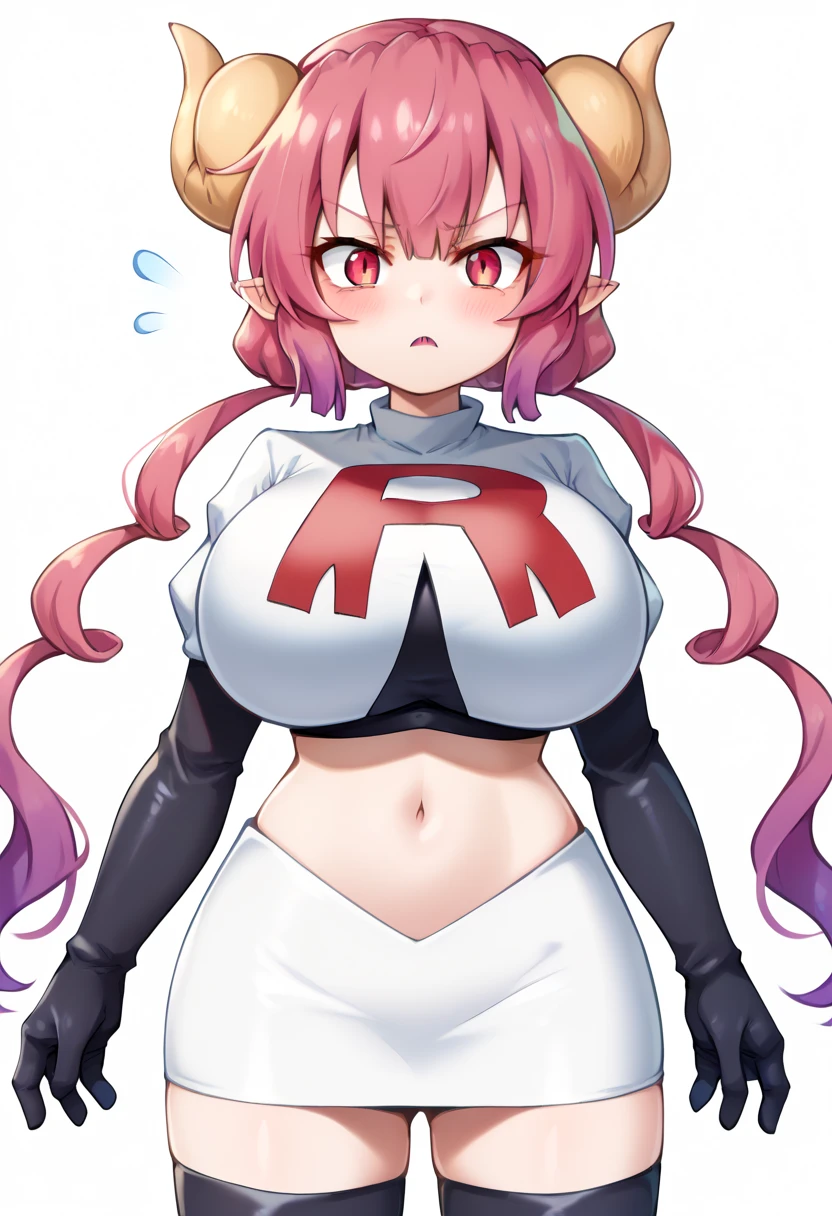 score_9, score_8_up, score_7_up, BREAK,  iluluSDXL, 1girl, solo, long hair, looking at viewer, blush, shirt, red eyes, twintails, pink hair, purple hair, red hair, horns, pointy ears, huge breasts, slit pupils, dragon horns, dragon girl, team rocket,team rocket uniform,white skirt,red letter R,crop top,black thigh-highs,black elbow gloves, cowboy_shot