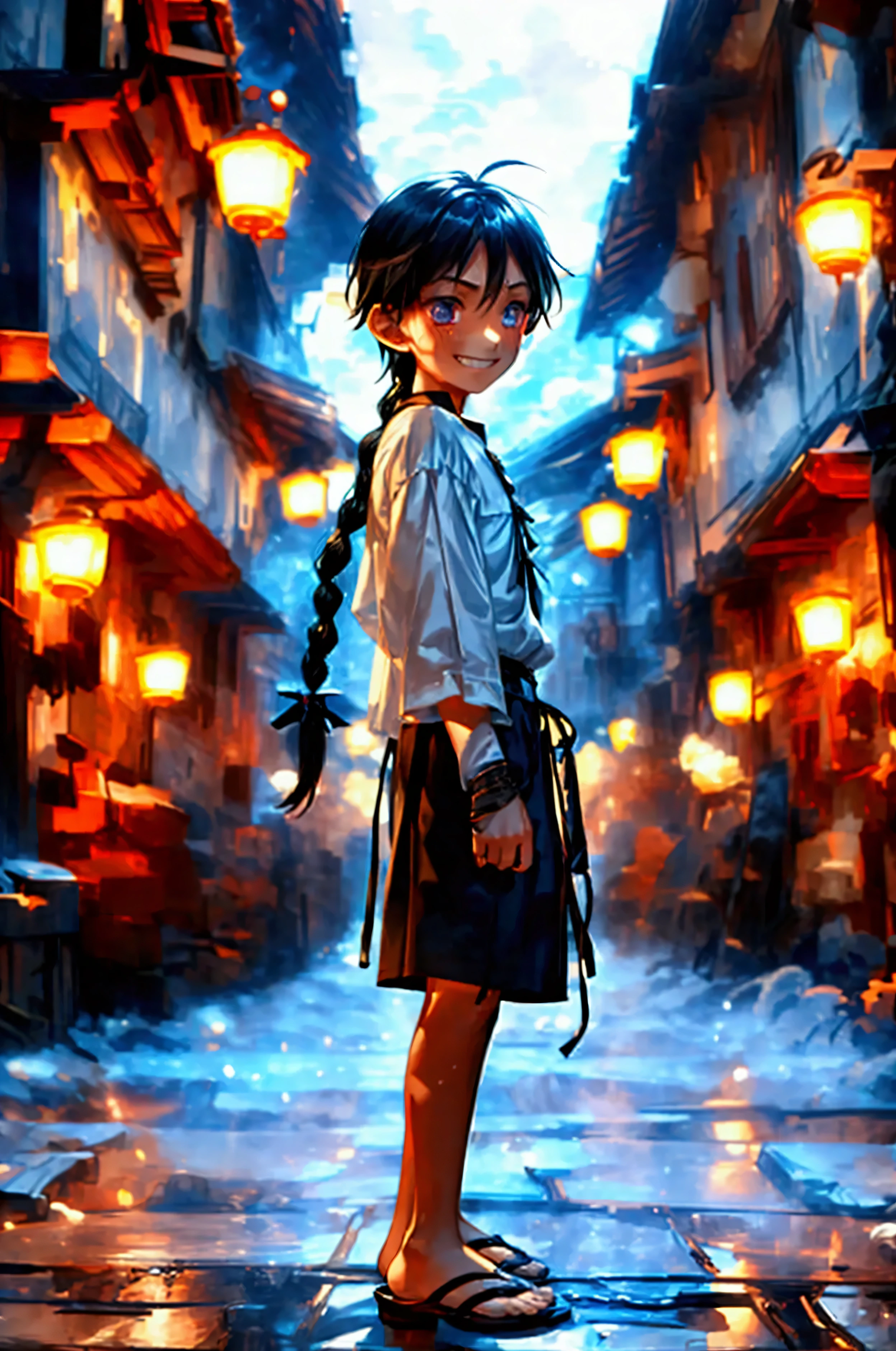 a twelve year old boy, very long black braid, dark eyes, long sleeved white shirt, black shorts, sandals, enthusiastic grinning, medival town, An atmosphere that exudes the despair of loss。An atmosphere that makes you feel tense。High Fantasy Worldview, Beautiful depiction of grand composition and proportions 