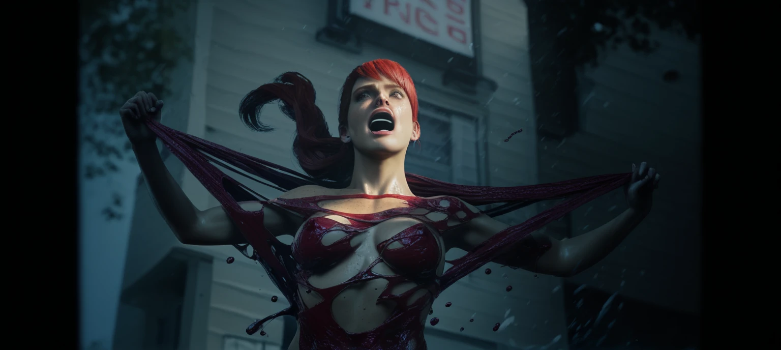 mary jane angry rage ripping the yellow and red liquid symbiote chest , female, , red hair, long hair, 1girl, symbiote tendrils , realistic style, red hair, slim body shape, sexy female body, without clothes, woman sexy , woman screaming , beautiful woman screaming , nude chest , tits , naked mary jane , 1girl