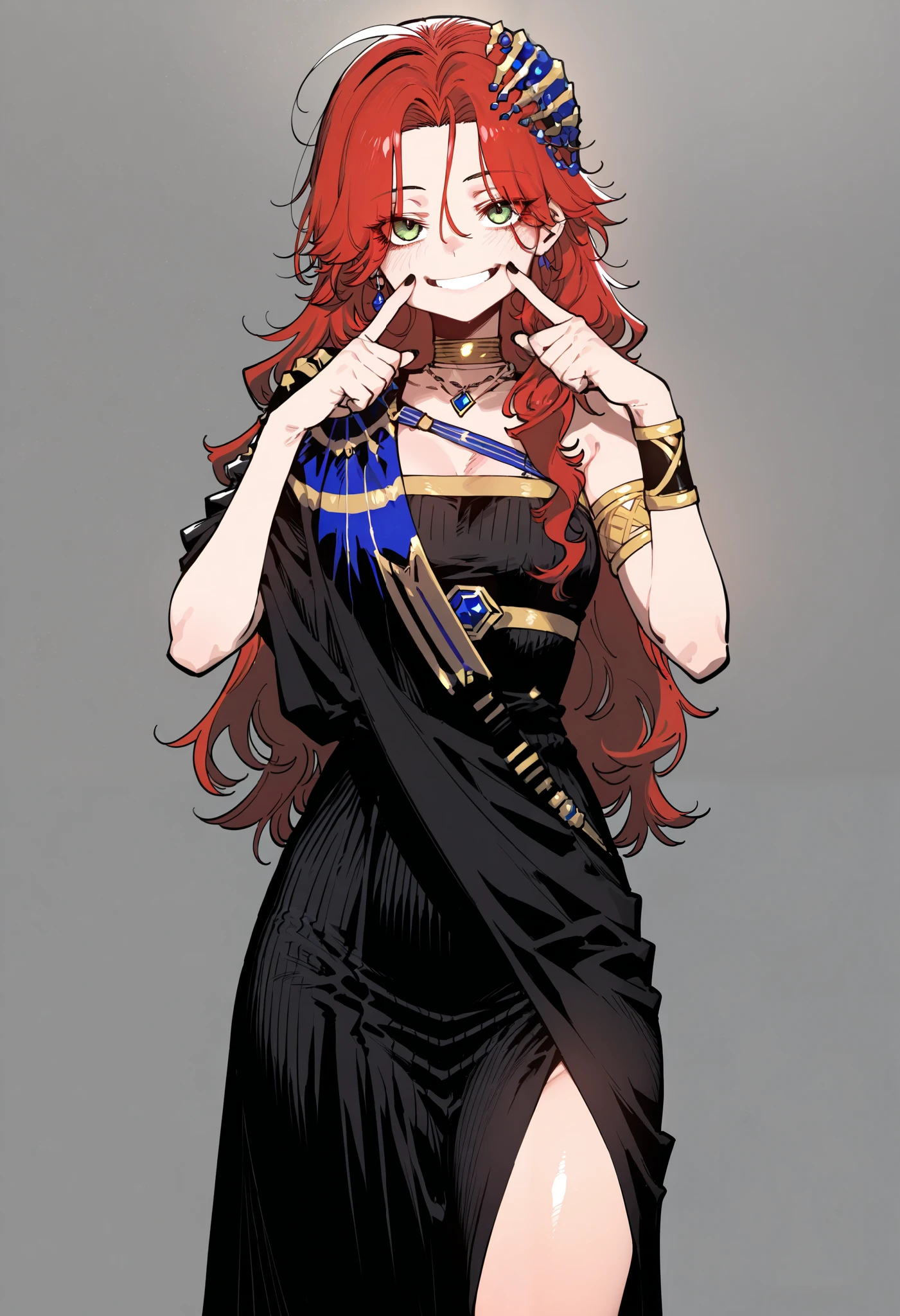 (ratatat74 style:0.7), (ssambatea style:0.9), 1girl, solo, sophia\(manus vindictae\)\(reverse:1999\), long hair, red hair, black dress, armlet, black nails, blue gemstone, gold choker, jewellery, green eyes, fingersmile, looking at viewer, standing, small breasts, grey background, masterpiece, best quality, amazing quality, very aesthetic, high resolution