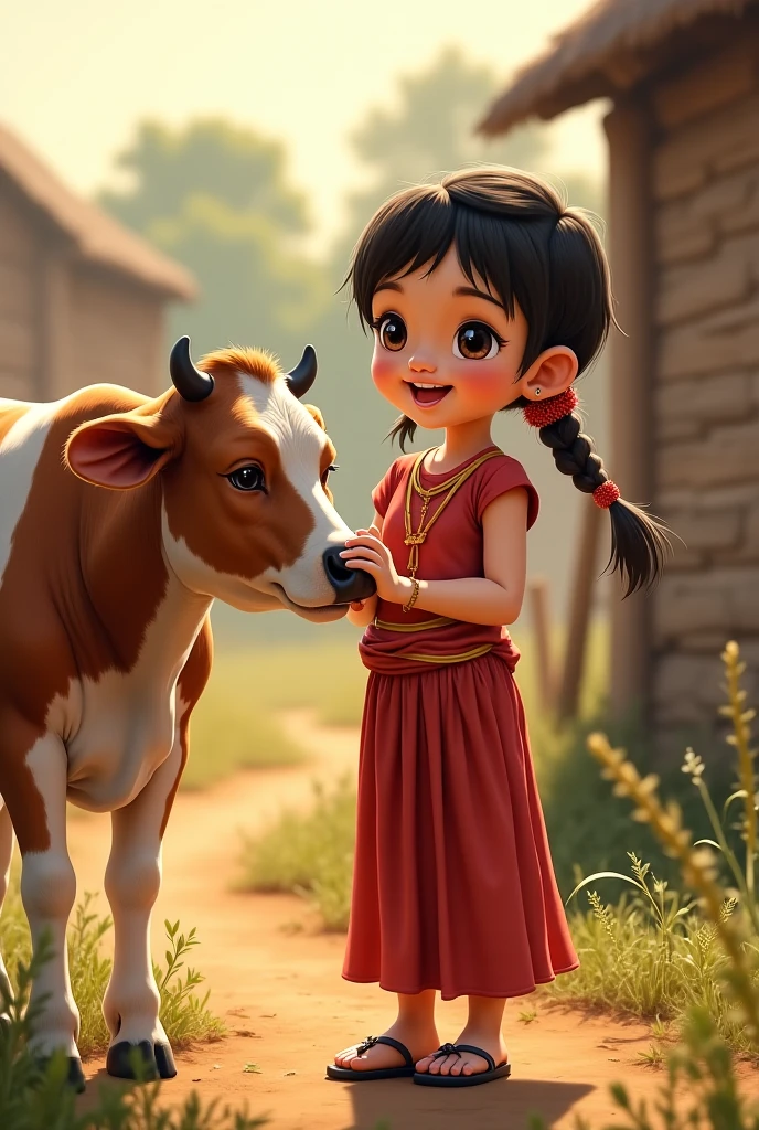 A boy stand with a red cow, the boy wearing beautiful dress.
