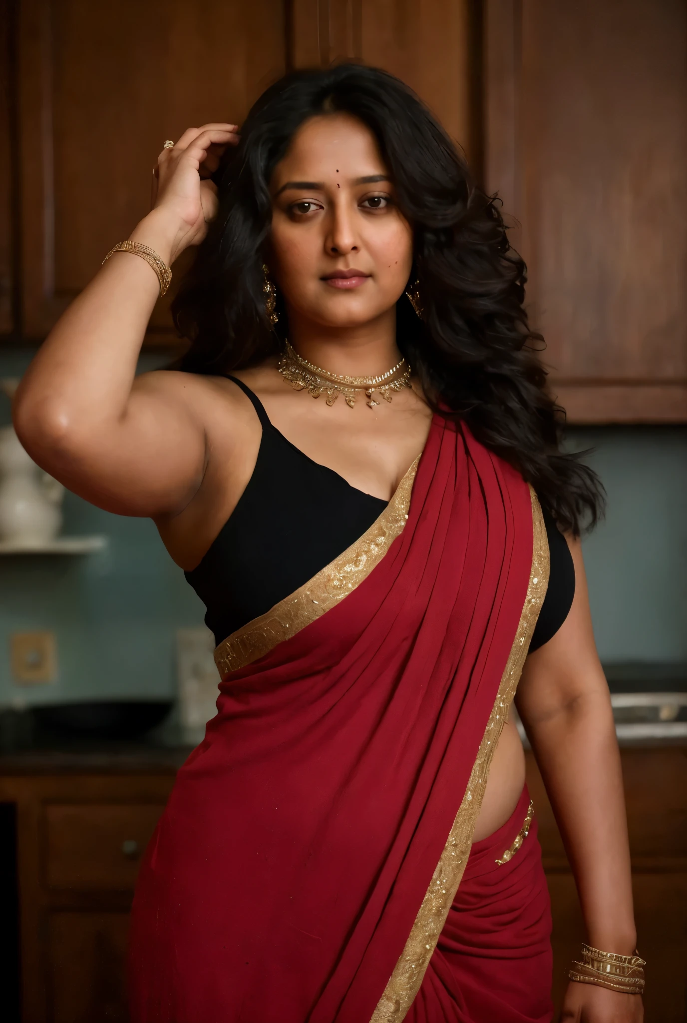 Foto RAW, photorealistic, photography, full body shot, 60 years old Woman, mascara, eye kajal, juicy figure, master shot, perfect eyes, goddess like beauty, pierced eyes, perfect thick chubby mallu Desi aunty bhabhi, Wearing a Stanapatta, a -band.Saree model, model Photography, Indian saree shoot, Indian traditional wear advertising photography, traditional wear brand shoot, face of Indian actress Sonakshi Sinha, masterpiece, realistic, realism, incredible details,  pleasure, photorealism, detailed skin, skin pores, high contrast, photorealistic Artstation 8k HD digital art trend of high definition and detailed realistic skin texture, ultra detail, realistic skin texture, armature, best quality, ultra high definition, (photorealistic:1.4),, high resolution, detail, raw photo, sweat, Re sharp, by Lee Jefferies Nikon D850 Film Stock Photo 4 Kodak Portra 400 Camera F1.6 Lens Rich Color Ultra Real Realistic Realistic Textures Dramatic Lighting Unreal Engine Trending at Art Station Cinestill 800,(pele altamente detalhada: 1.2), 8k UHD, DSLR, soft-lighting, alta qualidade, grain of film, Fujifilm XT3,she didn't like to wear blouse or bra, she is happy to wear only saree, she hates blouse or bra, highly detailed hairy armpits, hyper realistic skin, skin pores, sweat, veins, stubble armpits,  temptation, appealing figure, appealing body language, fleshy arms,  desi indian mommy, she wants to dominate young boys by showing her tempting figure, irresistibly hot, armpits hair clearly visible, freckles 0.2, stretchmarks 0.2,  mature woman's with slightly wrinkled skin, hyperreal skin texture, insane details,  navel folds, fleshy juicy belly, 