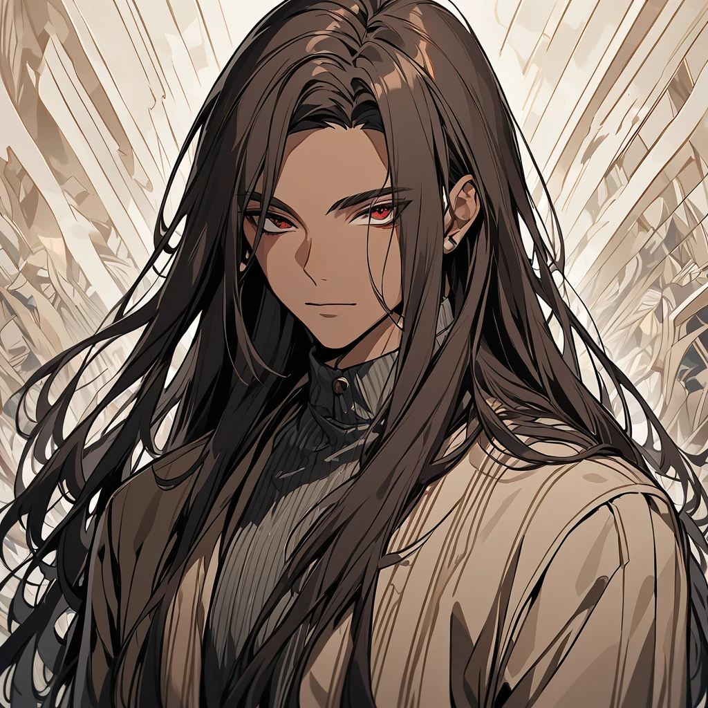 Create an artwork of a male human character with long hair blending deep red and dark brown colors. His skin should have a rich, dark brown tone. He should be dressed in a contemporary urban outfit, featuring modern and stylish elements. The character should exude a sense of confidence and charisma. The artwork should focus on smooth, detailed lines, capturing the texture of his hair and the fabric of his clothing. The background should be minimalistic to ensure the character stands out prominently."