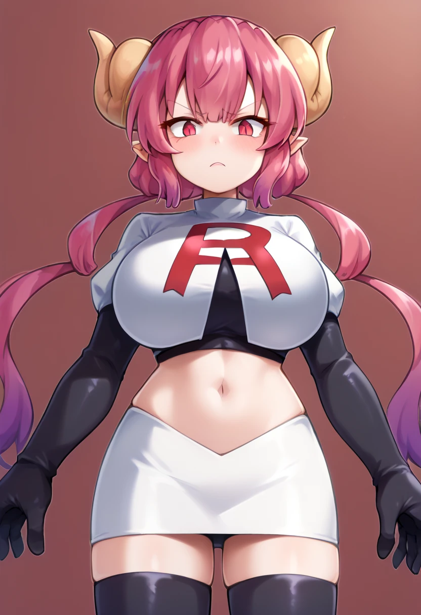 score_9, score_8_up, score_7_up, BREAK,  iluluSDXL, 1girl, solo, long hair, looking at viewer, blush, shirt, red eyes, twintails, pink hair, purple hair, red hair, horns, pointy ears, huge breasts, slit pupils, dragon horns, dragon girl, team rocket,team rocket uniform,white skirt,red letter R,crop top,black thigh-highs,black elbow gloves, cowboy_shot