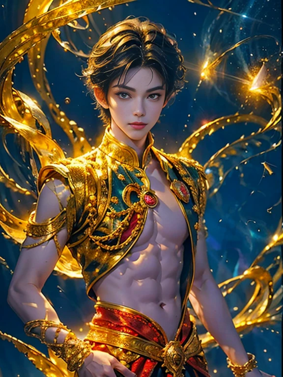  is just a masterpiece ! 8K Ultra HD, Boy - Prince with a magical aura, good face,  short hair ,  detailed eyes , shiny lips, prince costume ,  gold suit  ,  aura around his body,  magic effect, Cosmic elements and the ethereal atmosphere,  A mix of bright lights and colorful nebulae, universe background,  perfect body,