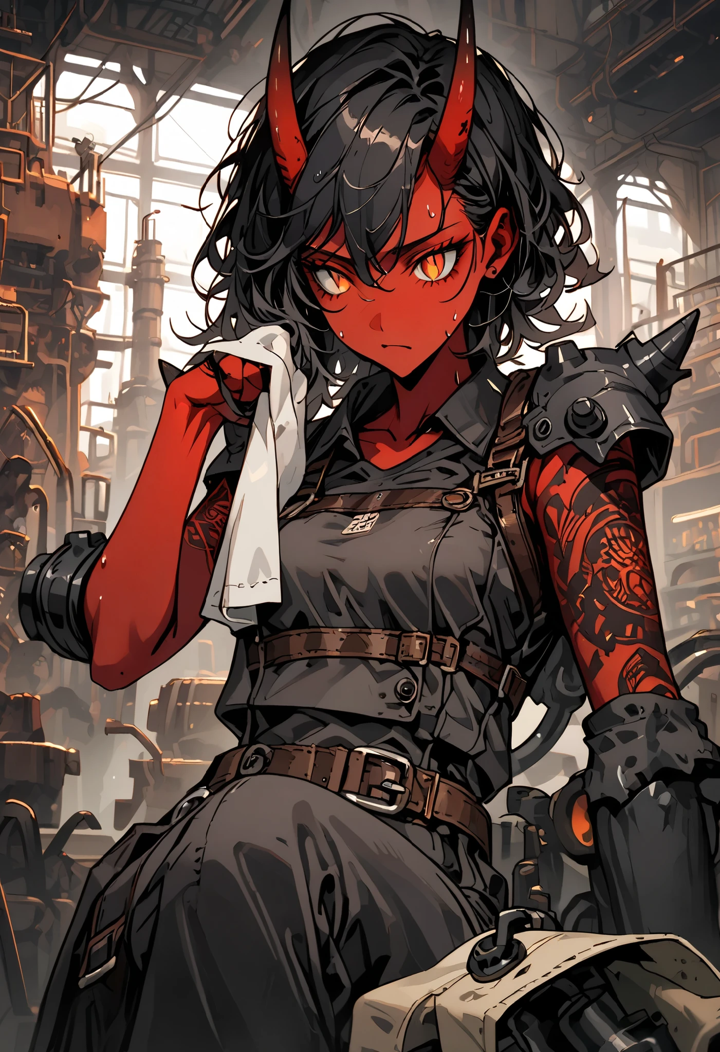 solo, female, oni, tomboy, attractive, close up, red skin, short black horns, orange eyes, slit pupils, short black hair, messy hair:0.3, snag tooth, black claws, tattoo, broad shoulders, stocky build, muscular, tight-fitting black tank top, working clothes, boots:0.3, factory, Victorian era, working at factory, slighty bulky body, dark, indoors, grimy, wiping sweat, bronze buckle, towel, exhaling, resting, arm spikes