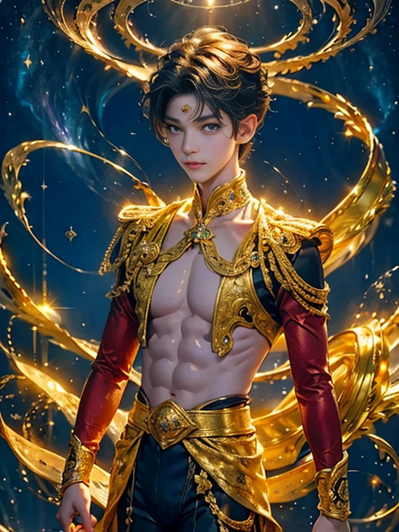  is just a masterpiece ! 8K Ultra HD, Boy - Prince with a magical aura, good face,  short hair ,  detailed eyes , shiny lips, prince costume ,  gold suit  ,  aura around his body,  magic effect, Cosmic elements and the ethereal atmosphere,  A mix of bright lights and colorful nebulae, universe background,  perfect body,