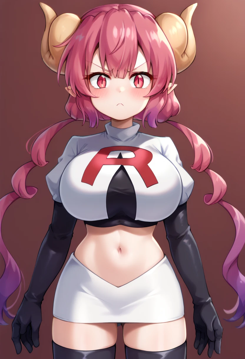 score_9, score_8_up, score_7_up, BREAK,  iluluSDXL, 1girl, solo, long hair, looking at viewer, blush, shirt, red eyes, twintails, pink hair, purple hair, red hair, horns, pointy ears, huge breasts, slit pupils, dragon horns, dragon girl, team rocket,team rocket uniform,white skirt,red letter R,crop top,black thigh-highs,black elbow gloves, cowboy_shot