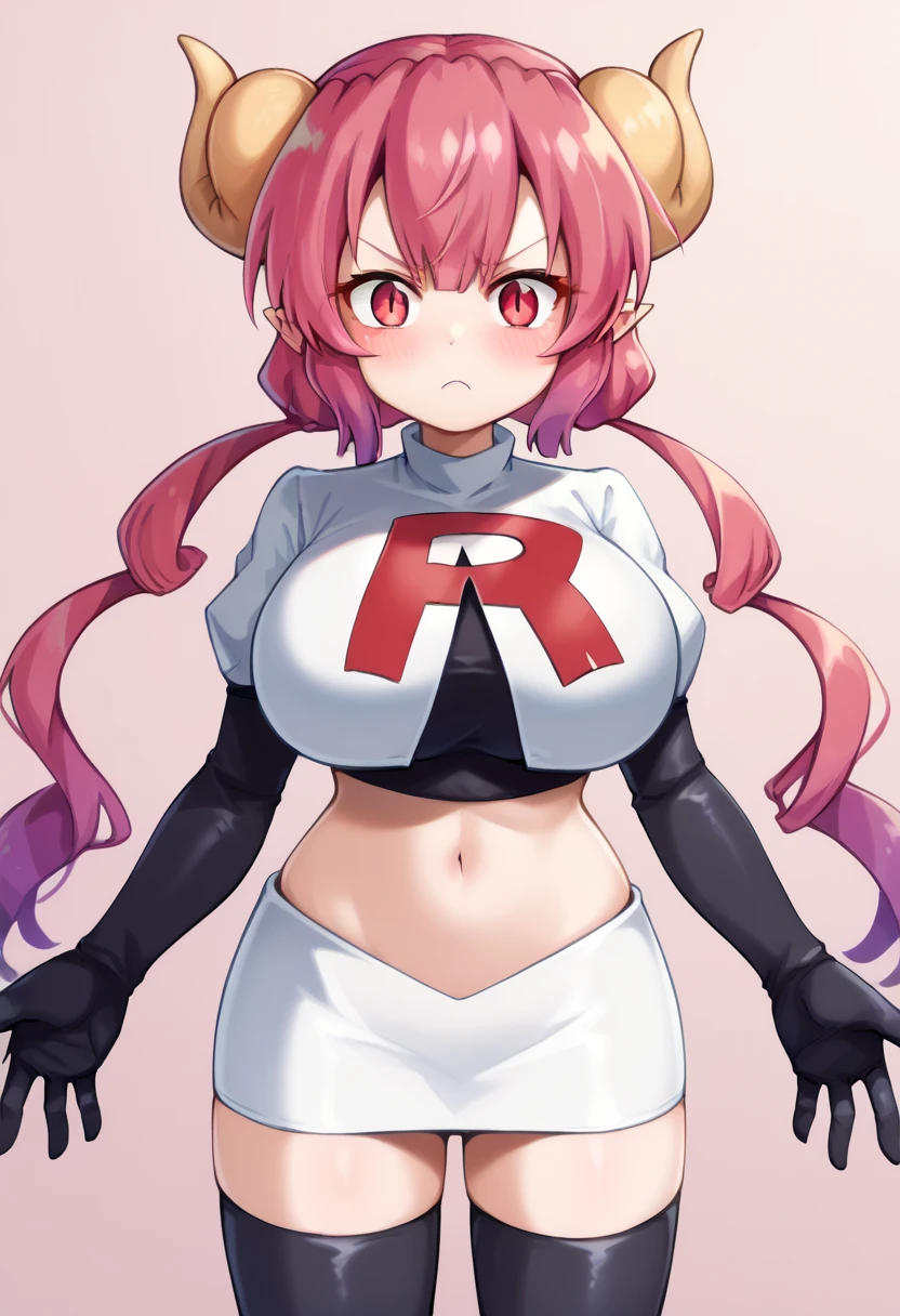 score_9, score_8_up, score_7_up, BREAK,  iluluSDXL, 1girl, solo, long hair, looking at viewer, blush, shirt, red eyes, twintails, pink hair, purple hair, red hair, horns, pointy ears, huge breasts, slit pupils, dragon horns, dragon girl, team rocket,team rocket uniform,white skirt,red letter R,crop top,black thigh-highs,black elbow gloves, cowboy_shot