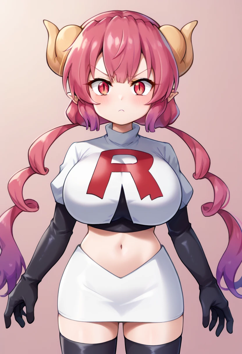 score_9, score_8_up, score_7_up, BREAK,  iluluSDXL, 1girl, solo, long hair, looking at viewer, blush, shirt, red eyes, twintails, pink hair, purple hair, red hair, horns, pointy ears, huge breasts, slit pupils, dragon horns, dragon girl, team rocket,team rocket uniform,white skirt,red letter R,crop top,black thigh-highs,black elbow gloves, cowboy_shot