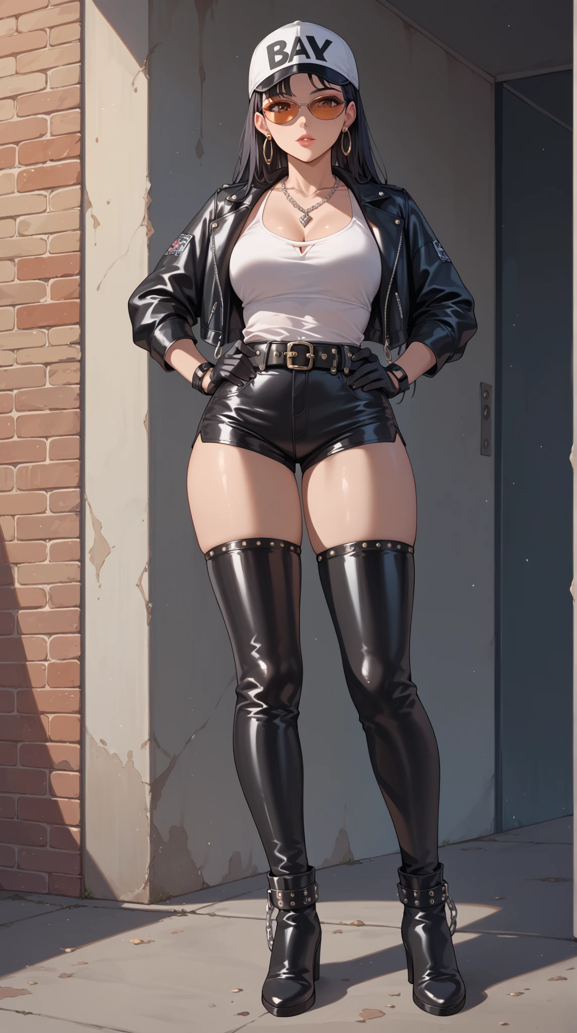 gorgeous butch woman, pin up, leather jacket, blue-black hair, denim skirt, short skirt, cleavage, black high heeled boots