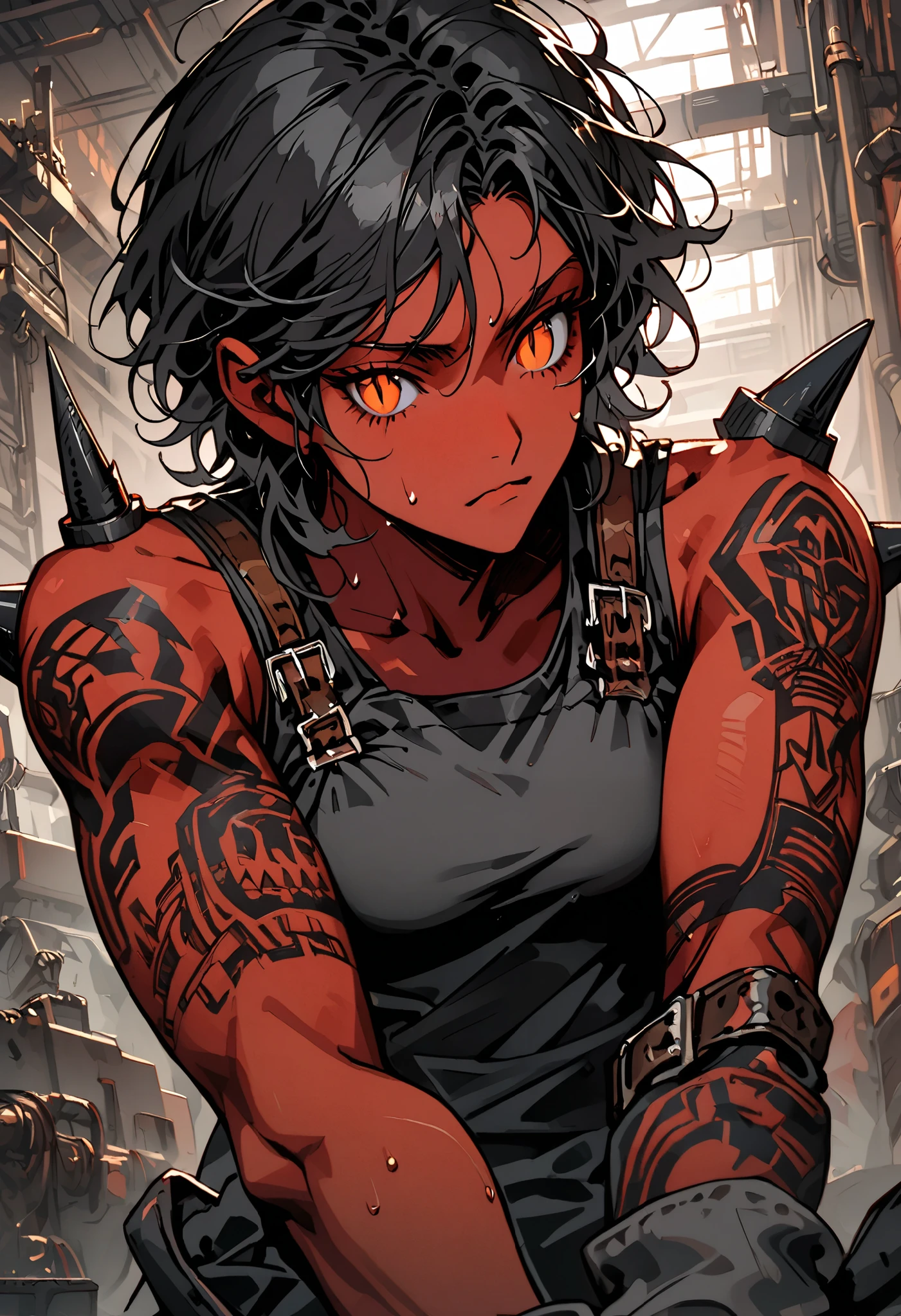 solo, female, oni, tomboy, attractive, close up, red skin, short black horns, orange eyes, slit pupils, short black hair, messy hair:0.3, snag tooth, black claws, tattoo, broad shoulders, stocky build, muscular, tight-fitting black tank top, working clothes, boots:0.3, factory, Victorian era, working at factory, bulky body, dark, indoors, grimy, wiping sweat, bronze buckle, towel, exhaling, resting, forearm spikes