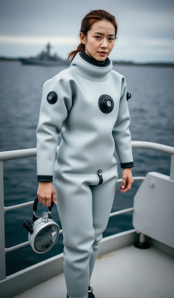 A documentary photo, Photo-realistic, ultra-realistic, (Japanese beautiful young woman, famous Japanese idol, boyish cool face:1.3), wetlook rubberish white clothes,, she is a military diver of Japan navy, experienced military diver, wearing a professional wetsuits for military diver with professional scuba equipment, She is on a shlre, She is preparing to scuba dive for a lifesaving mission, there is a large battle ship behind her,, Natural Makeup, boyish face ,Front View:1.21, Perfect Anatomy:1.21, Small head:1.21, Slender body:1.37, Narrow waist:1.5, Thin limbs:1.5, Flat Chest:1.5, Anatomically correct limbs, Diving Suits drysuits (high smooth turtleneck collar), Fully equipped for diving, Very cute Japanese woman, Brown Hair, Chignon Hair, woman holds oval scuba mask, Calm sea in qinter, Dynamic and emotional movie lighting, 