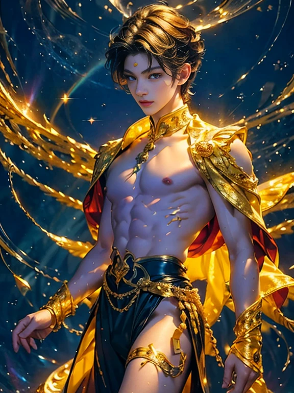  is just a masterpiece ! 8K Ultra HD, Boy - Prince with a magical aura,  Attractive face ,  short hair ,  detailed eyes ,  big puffy nipples, shiny lips, prince costume ,  gold suit  ,  aura around his body,  magic effect, Cosmic elements and the ethereal atmosphere,  A mix of bright lights and colorful nebulae, universe background,  perfect body,