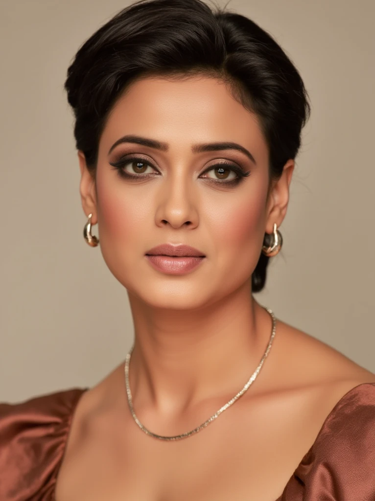 A stunning mature 40 year old woman shwetat  a close up of a woman wearing a necklace and a dress, shwetat, slicked black hair, short slicked - back hair, photo of the beauty 