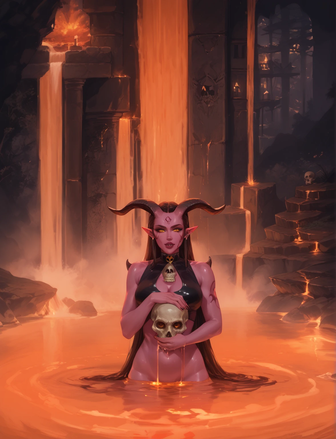 девушка demon, demon, девушка demon в лаве.  girl with a skull in her hands,  skull in hands , lake in lava , horns, pink skin,  tight , Pointed ears