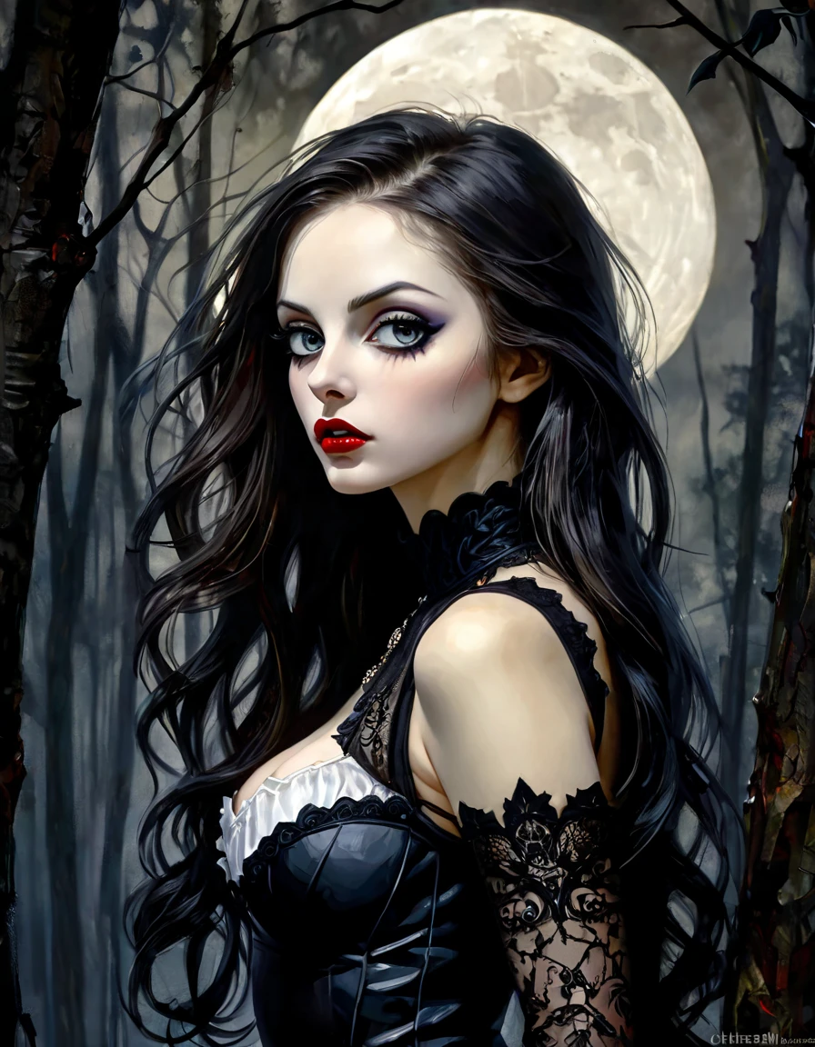 (best quality), masterpiece, detailed, realistic, 1 girl, ((the girl is standing in the forest)), (dark blue hair, black lipstick, red eyes, black narrow pupils, red drop earrings, thick long eyelashes), black fitted dress, (((night, sky full of stars, full moon))), (<lora:agata:0.8> agata:1.5) , <lora:Background_Detail_v3:0.6> <lora:hairdetailer:0.6>, <lora:GoodHands-vanilla:0.6>