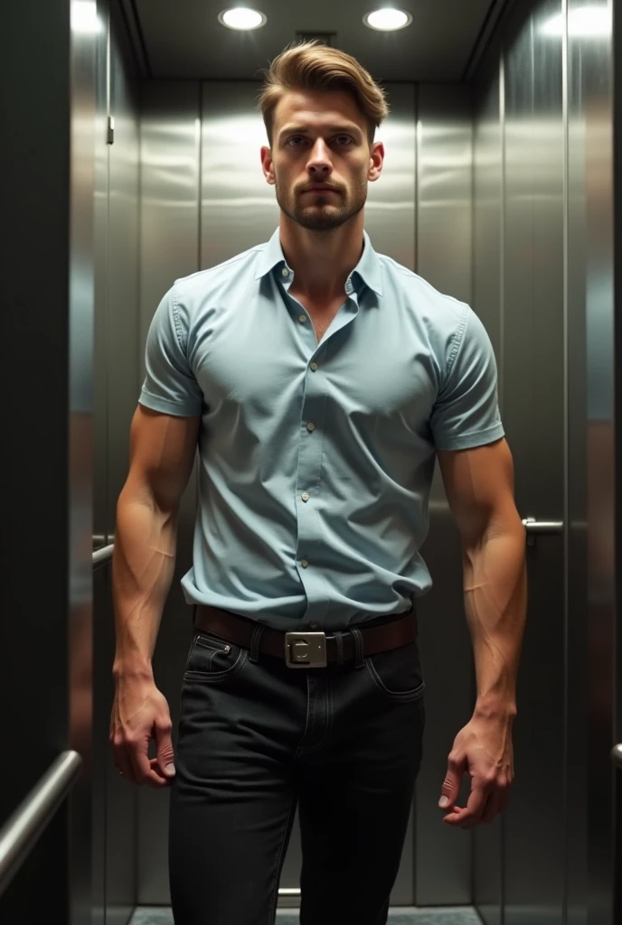 Mikael Persbrandt, serious, greying blond hair cut short, blue eyes, short-sleeve green shirt, plain shirt, green trousers the same shade, belt, leaning against door frame, white room with cupboards, medicines, bottles