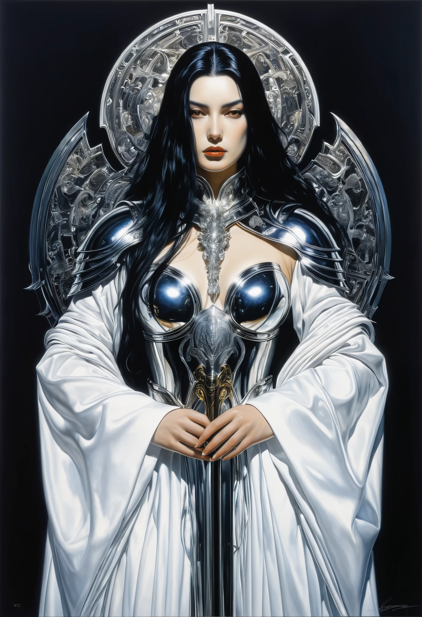 chiaroscuro technique on sensual illustration of an queen of swords, vintage queen, eerie, feather sword on hands, matte painting, by Hannah Dale, by Harumi Hironaka, extremely soft colors, hint of vibrant, highly detailed, digital artwork, high contrast, dramatic, refined, tonal, highest quality,anatomy correct,ultra-wide-angle,depth of fields, representing her resilience and ability to adapt in challenging situations