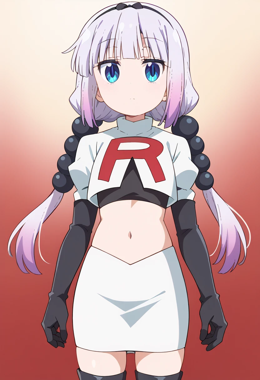 score_9, score_8_up, score_7_up, source_anime,
kannakamui, kanna kamui, long hair, bangs, blue eyes, hair ornament, twintails, blunt bangs, low twintails, light purple hair, beads, dragon girl, hair beads, hairband,
looking at viewer, team rocket,team rocket uniform,white skirt,red letter R,crop top,black thigh-highs,black elbow gloves, cowboy shot