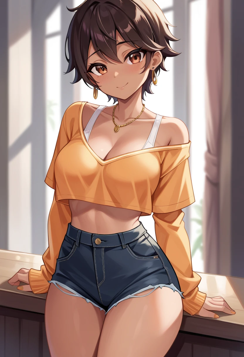 girl with short curly hair hiphop clothes and goldchains
