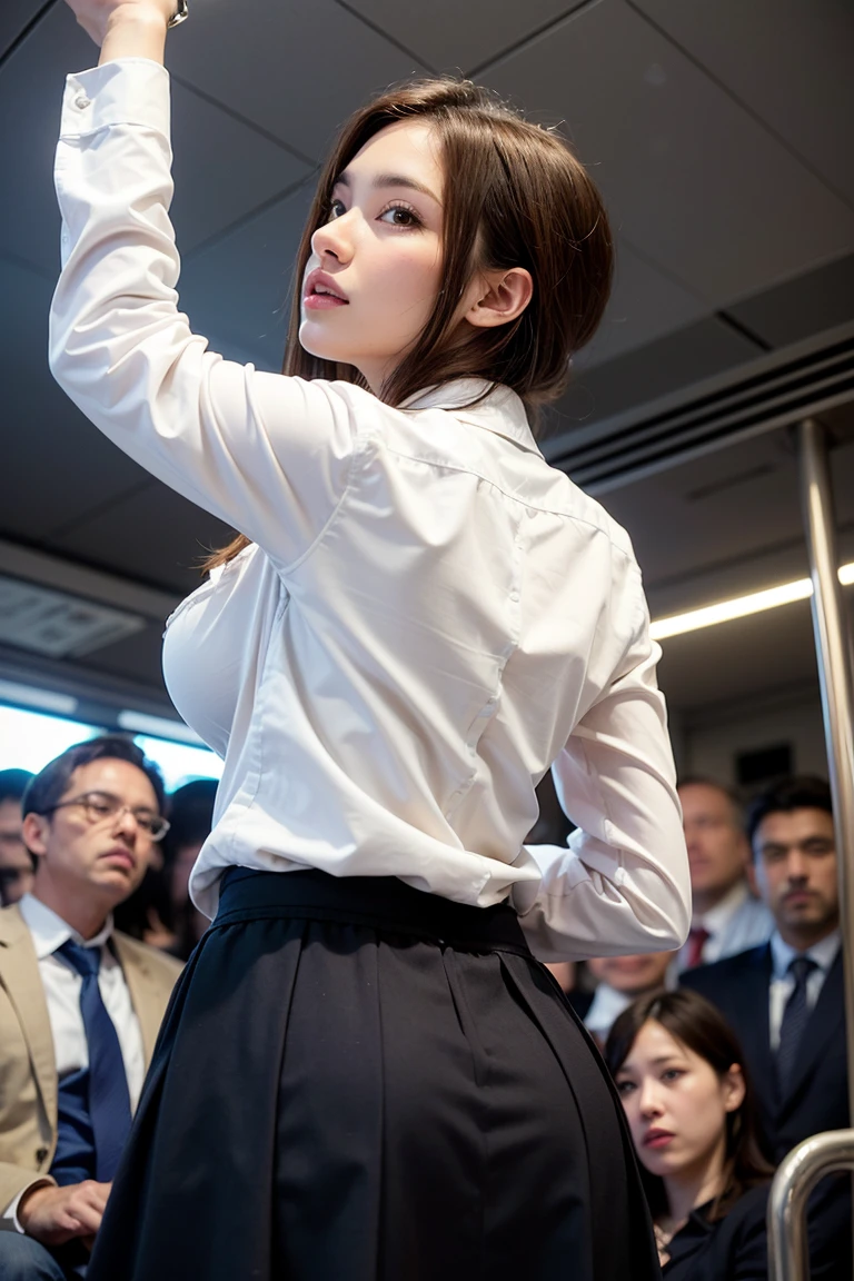 (( white shirt))、 ((yellow skirt  ))、 ((white panti ))、 ((office lady uniform ))、 J-cup large breasts、Beautifully shaped breasts、slender、 Outstanding Style 、Tight tops、Open chest、Emphasizes the fullness of the chest、Cleavage、Beautifully shaped breasts 、Open chest、Breast enlargement、((masterpiece))、((highest quality))、photograph、reality、High level image quality、Advanced depth of field、realistic lighting、secretary、25years old、(((((((( Surrounded by many men on a crowded train))))))、)) ((((Men are crowded around the woman on the train ))))、(( standing holding a strap on a crowded train ))、 (((( 男にtouching the panties in the skirt ))))、(((((( Butt touched from behind 、 breast touched from behind ))))))、 ((((((( Man's palm is touching his butt 、 A man massages her breasts )))))))、 (((( Being molested on a train ))))、 Reluctant、 Embarrassing (((( angle looked up from directly below))))、(((( back style))))、(( Being hugged from behind by a man and his chest is rubbed))、(((((((Look up at a woman's whole body from below)))))))、