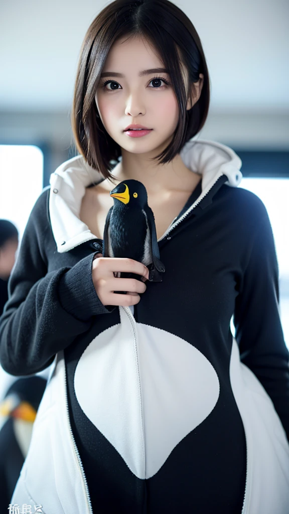 RAW photo, 1 girl, incredibly absurd, 25 years old, beautiful girl, (cute), (short hair), photo shoot, realistic, Depth of the bounds written, High resolution, Super detailed, delicate, very detailed, highly detailed eyes and face, sharp pupils, Realistic Office Lady, sharp focus, dark Natural lighting, Eye and face details, (wearing a penguin costume), full body, (wind lift:1.6), cameltoe, stare, Big breasts that are about to burst, Close-up, perfect body, hove to pee, Christmas