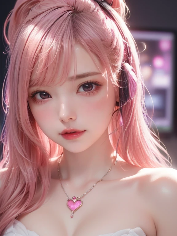 One girl,(Captivating quality:1.4),(Highest quality authentic textured skins), Delicate face,Pink twin tail hair, Perfect body:1.1),Heart-shaped choker、Long eyelashes,Clear eyes,Hyper Photorealism, Hyper HD, Tabletop,Keep dreaming,Please wear transparent silk pajamas,Fantasy Space,Pink Background,front
