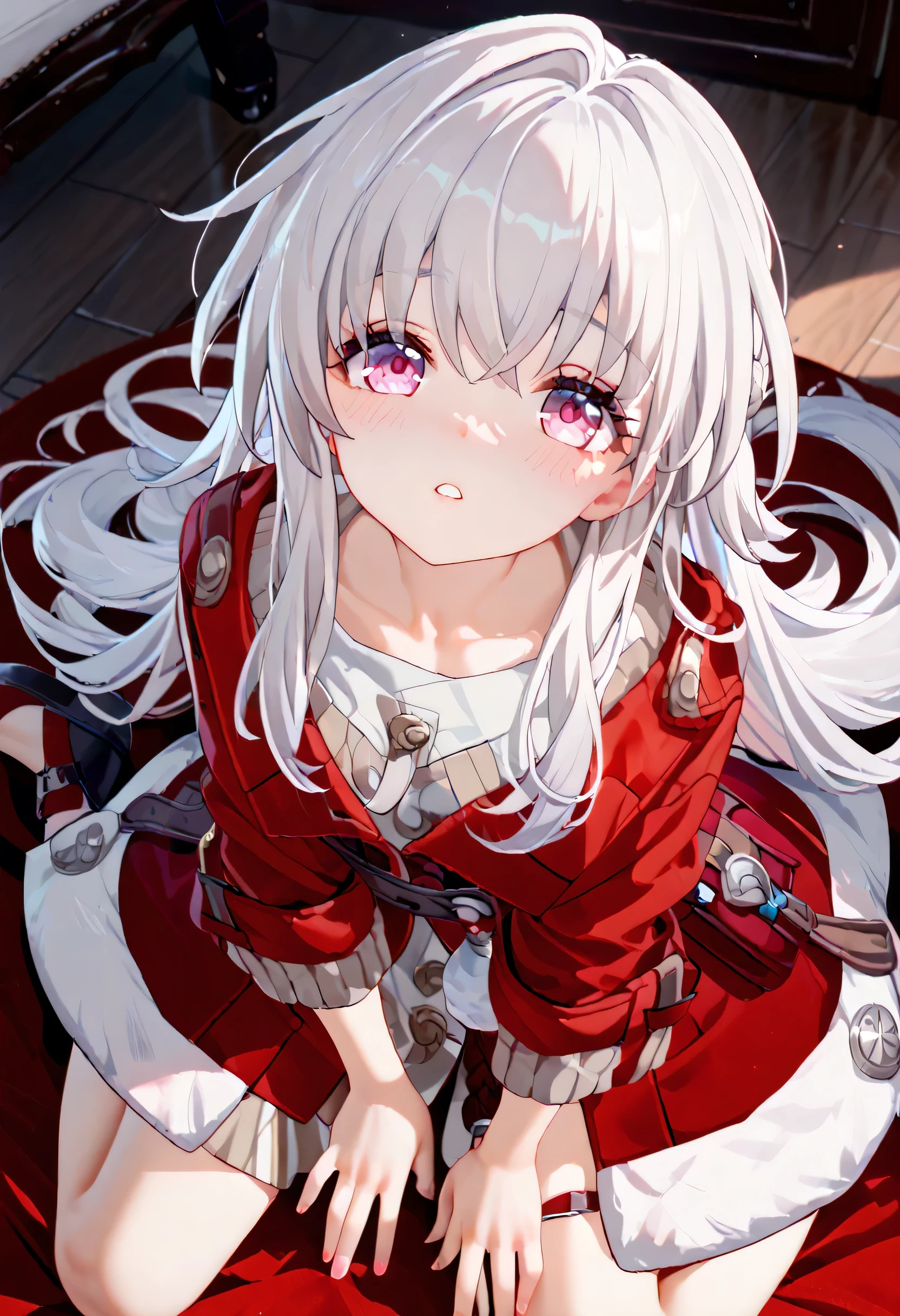 clara, honkai star rail,  wariza, from very high, ((Looking up:0.5)), red clothes, reaching two hands, looking at viewer, blush 