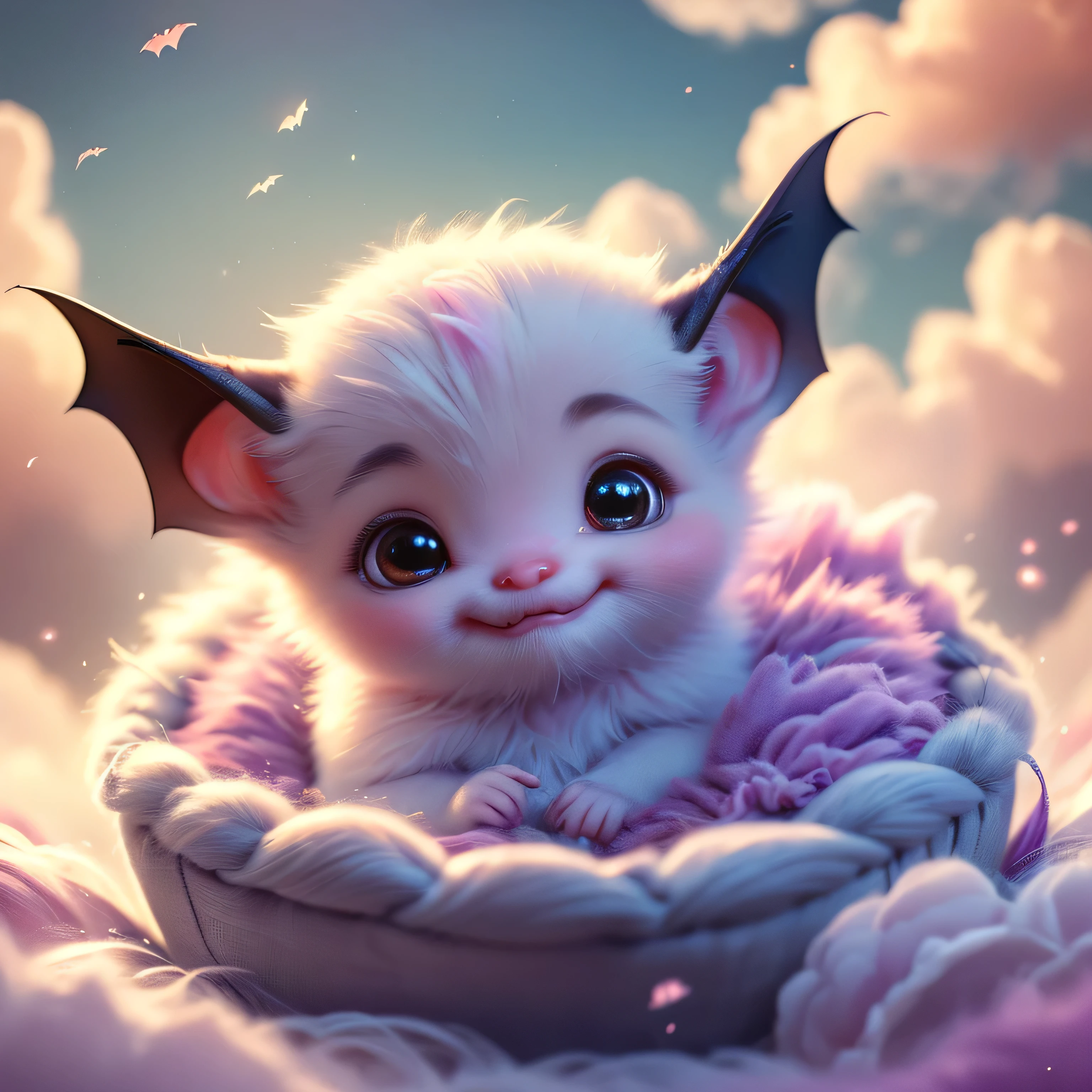 A beautiful, adorable  bat made entirely of soft purple clouds, peacefully nestled in a bed of fluffy clouds. The baby has a gentle, serene expression as it sleeps, with its soft, dream-like appearance. The surrounding clouds are colored in pastel shades of pink and lilac, creating a warm and dreamy atmosphere. The entire scene is bathed in a soft, ethereal light, enhancing the magical and fantastical quality of the image. The baby batuld appear as a seamless part of the cloudscape, blending perfectly with the surrounding clouds, but still maintaining distinct, realistic features that highlight its cuteness and charm.