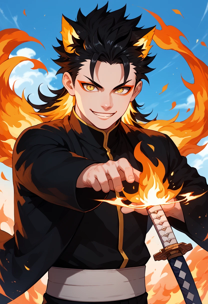 man, flaming hair, white skin, anime style, fire powers, yellow eyes, black hair, spiky hair, sky, smile, kitsune style, strong, cat eyes, Katana, Grimmjow