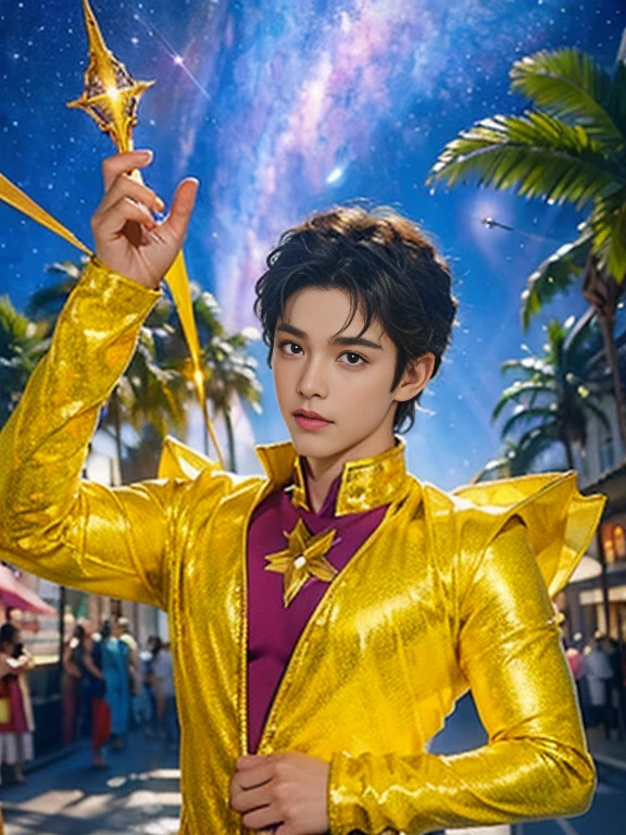  is just a masterpiece ! 8K Ultra HD, Boy - Prince with a magical aura,  Attractive face ,  short hair ,  detailed eyes ,  big puffy nipples, shiny lips, prince costume ,  gold suit  ,  aura around his body,  magic effect, Cosmic elements and the ethereal atmosphere,  A mix of bright lights and colorful nebulae, Bright colors , shining stars ,  fantasy art, universe background,  perfect body,