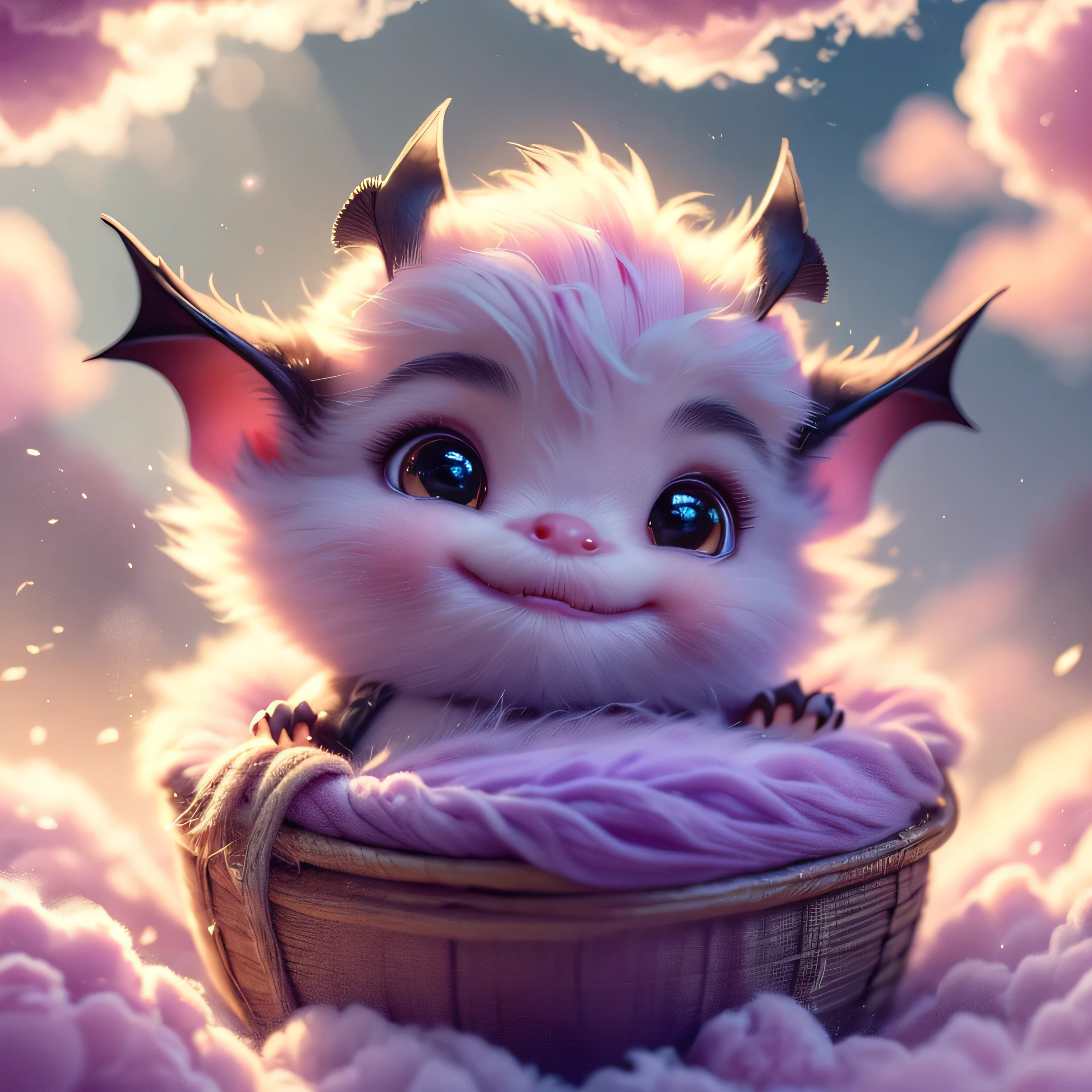 A beautiful, adorable baby bat made entirely of soft purple clouds, peacefully nestled in a bed of fluffy clouds. The baby bat has a gentle, serene expression as it sleeps, with its soft, dream-like appearance. The surrounding clouds are colored in pastel shades of pink and lilac, creating a warm and dreamy atmosphere. The entire scene is bathed in a soft, ethereal light, enhancing the magical and fantastical quality of the image. The baby bat should appear as a seamless part of the cloudscape, blending perfectly with the surrounding clouds, but still maintaining distinct, realistic features that highlight its cuteness and charm.