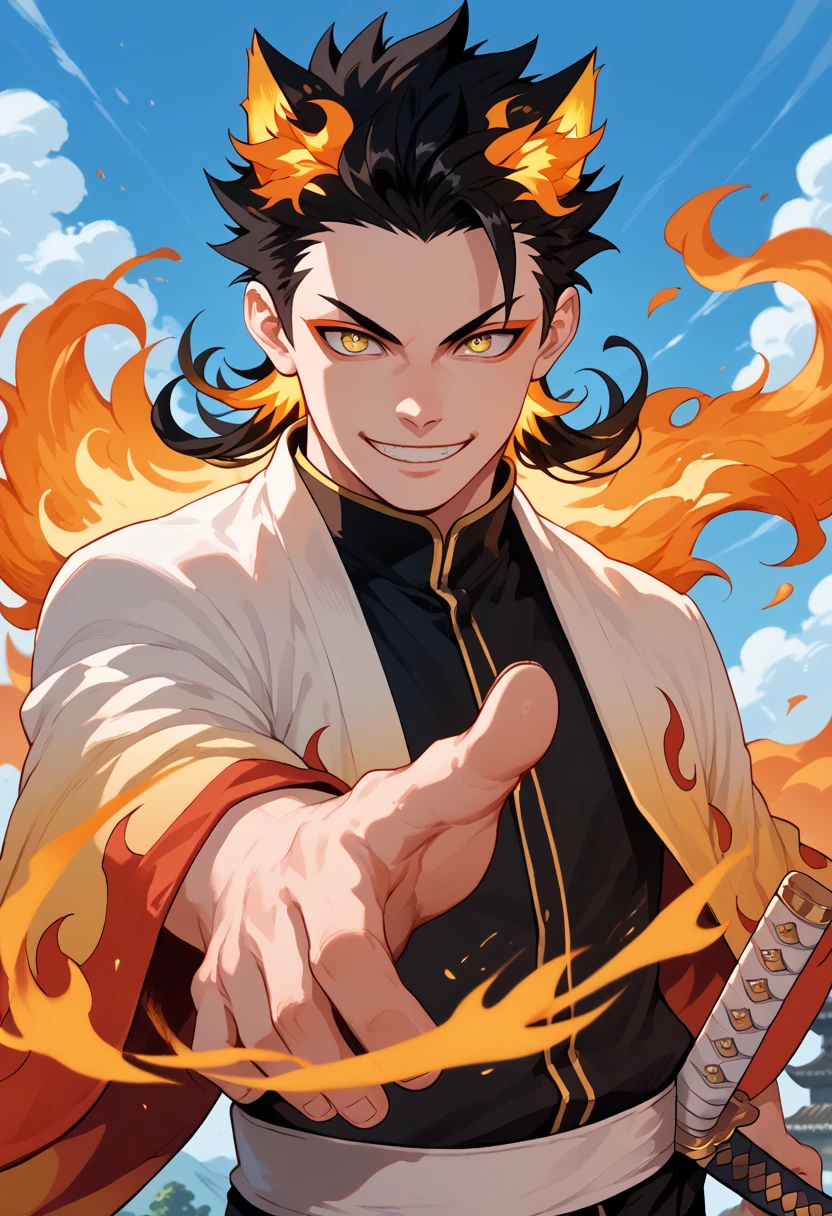 man, flaming hair, white skin, anime style, fire powers, yellow eyes, black hair, spiky hair, sky, smile, kitsune style, strong, cat eyes, Katana, Grimmjow