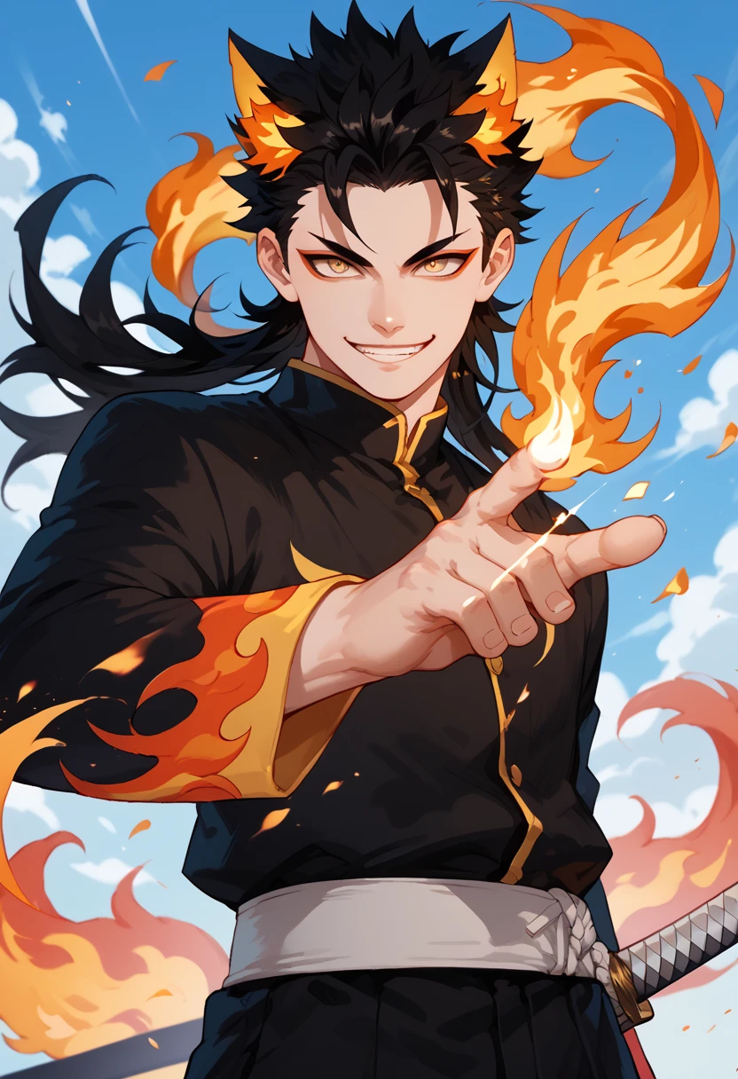 man, flaming hair, white skin, anime style, fire powers, yellow eyes, black hair, spiky hair, sky, smile, kitsune style, strong, cat eyes, Katana, Grimmjow