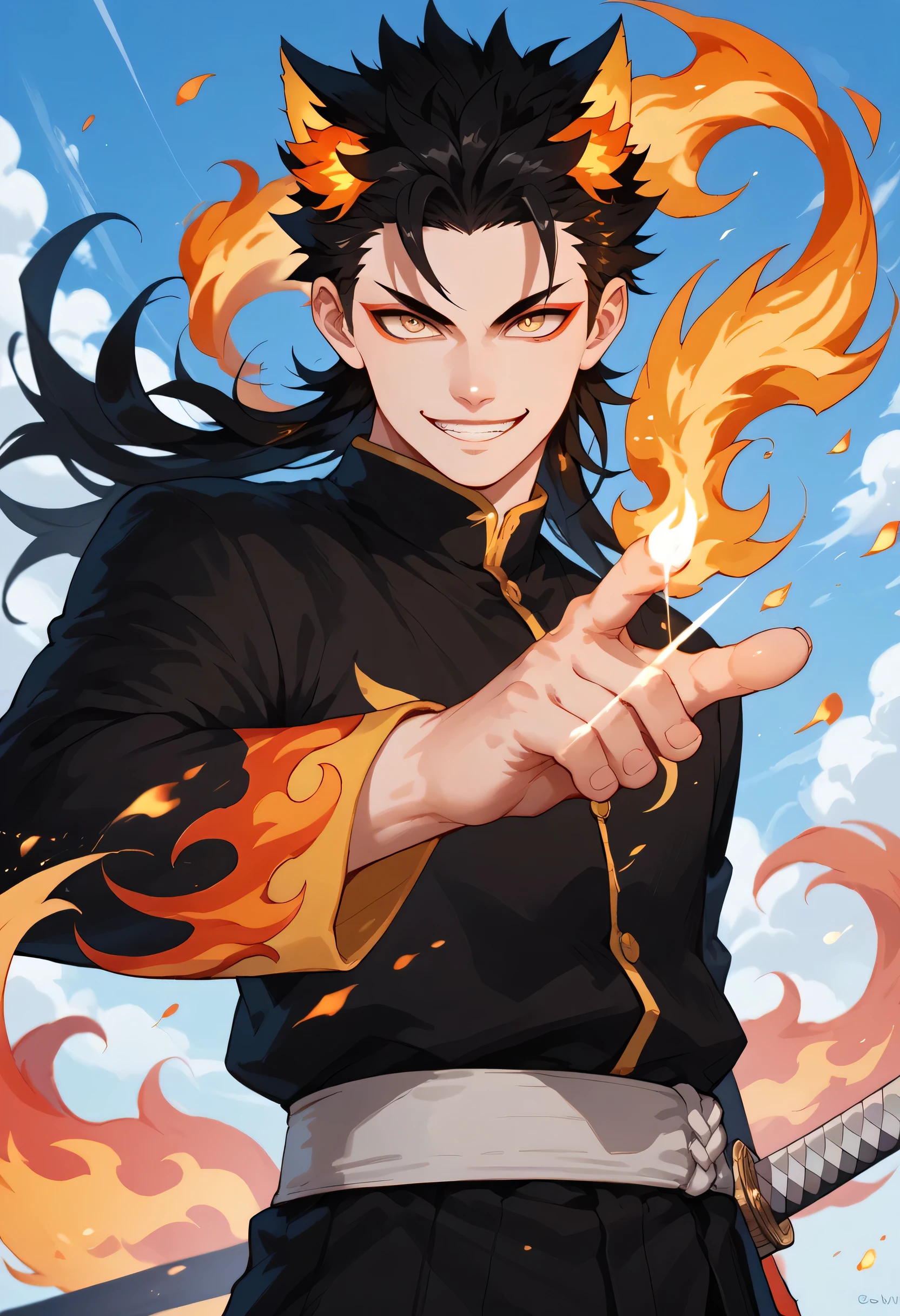 man, flaming hair, white skin, anime style, fire powers, yellow eyes, black hair, spiky hair, sky, smile, kitsune style, strong, cat eyes, Katana, Grimmjow