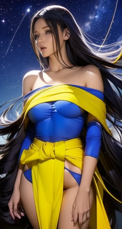 (masterpiece:1.2,  top quality , top quality ),( very detailed),8k, wallpaper, studio lighting , Super Detailed Painting ,Narrow your focus, Physically Based Rendering , 1 Woman , Beautiful skin, glowing skin, beautiful hands, Detailed Hand Drawn ,( shiny costume),(Wearing a belt around his waist),Voluminous,(hair blowing in the wind),((Night sky and shooting stars)),(((HitomiKisugi, 1 girl,  long hair, black hair, eyelash , brown eyes,  Blue Bodysuit, Off Shoulder ,  yellow sash))),(((Better Hand)))